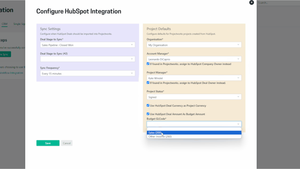 An image of the Projectworks interface showing how to configure the HubSpot integration.